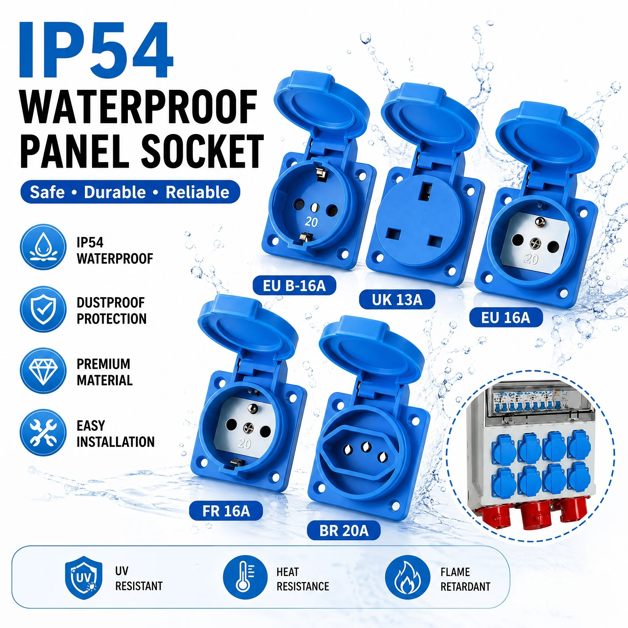 IP54 16A Waterproof Industrial Panel Socket Electric Power Wall Outlet EU UK Universal Plug Socket for Outdoor Distribution Box
IP54 16A Waterproof Industrial Panel Socket Electric Power Wall Outlet EU UK Universal Plug Socket for Outdoor Distribution Box