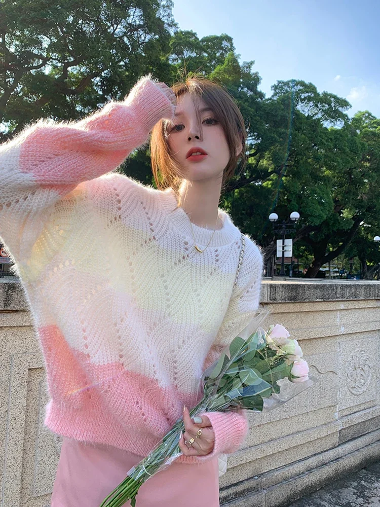 Hollow Out Rainbow Women Striped Sweaters Korean Long Sleeve Sweet Knitted Jumpers Preppy Style Fashion Loose Pullovers
Hollow Out Rainbow Women Striped Sweaters Korean Long Sleeve Sweet Knitted Jumpers Preppy Style Fashion Loose Pullovers