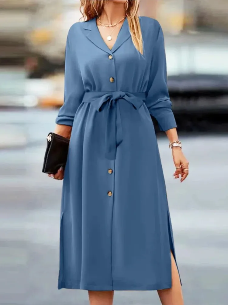 Autumn New Office Dresses For Women Fashion Long Sleeve Button Notched Lapel Tie A Line Dresses Spring Elegant Woman's Clothing
Autumn New Office Dresses For Women Fashion Long Sleeve Button Notched Lapel Tie A Line Dresses Spring Elegant Woman's Clothing