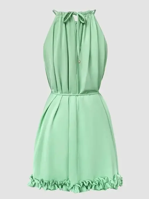 Halter Tie Sleeveless Cinched Waist Ruffle Trim Party Dresses Female Casual Tie Waist Ruched Vacation Dress with Built-In Shorts
Halter Tie Sleeveless Cinched Waist Ruffle Trim Party Dresses Female Casual Tie Waist Ruched Vacation Dress with Built-In Shorts