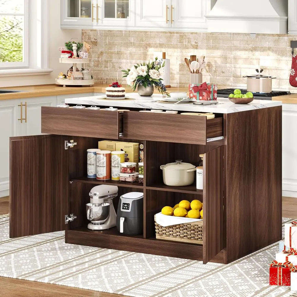 Large 47.2 Marble Top Kitchen Island with Storage, 2 Drawers, Adjustable Shelves, Coffee Bar, Dining for 2-4, Walnut
Large 47.2 Marble Top Kitchen Island with Storage, 2 Drawers, Adjustable Shelves, Coffee Bar, Dining for 2-4, Walnut