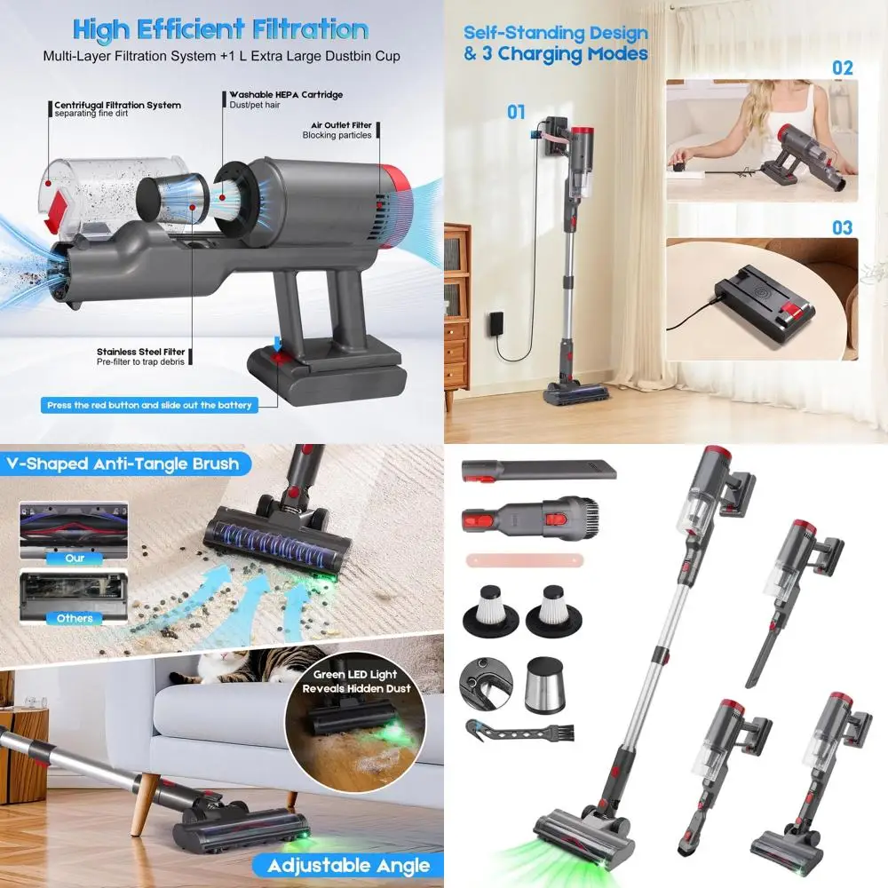 Мощный беспроводной пылесос 8-в-1, всасывание 35 кПа, время работы 35 минут, мусорная корзина 1 л, защита от запутывания, самостоящееся для дома,
Мощный беспроводной пылесос 8-в-1, всасывание 35 кПа, время работы 35 минут, мусорная корзина 1 л, защита от запутывания, самостоящееся для дома,