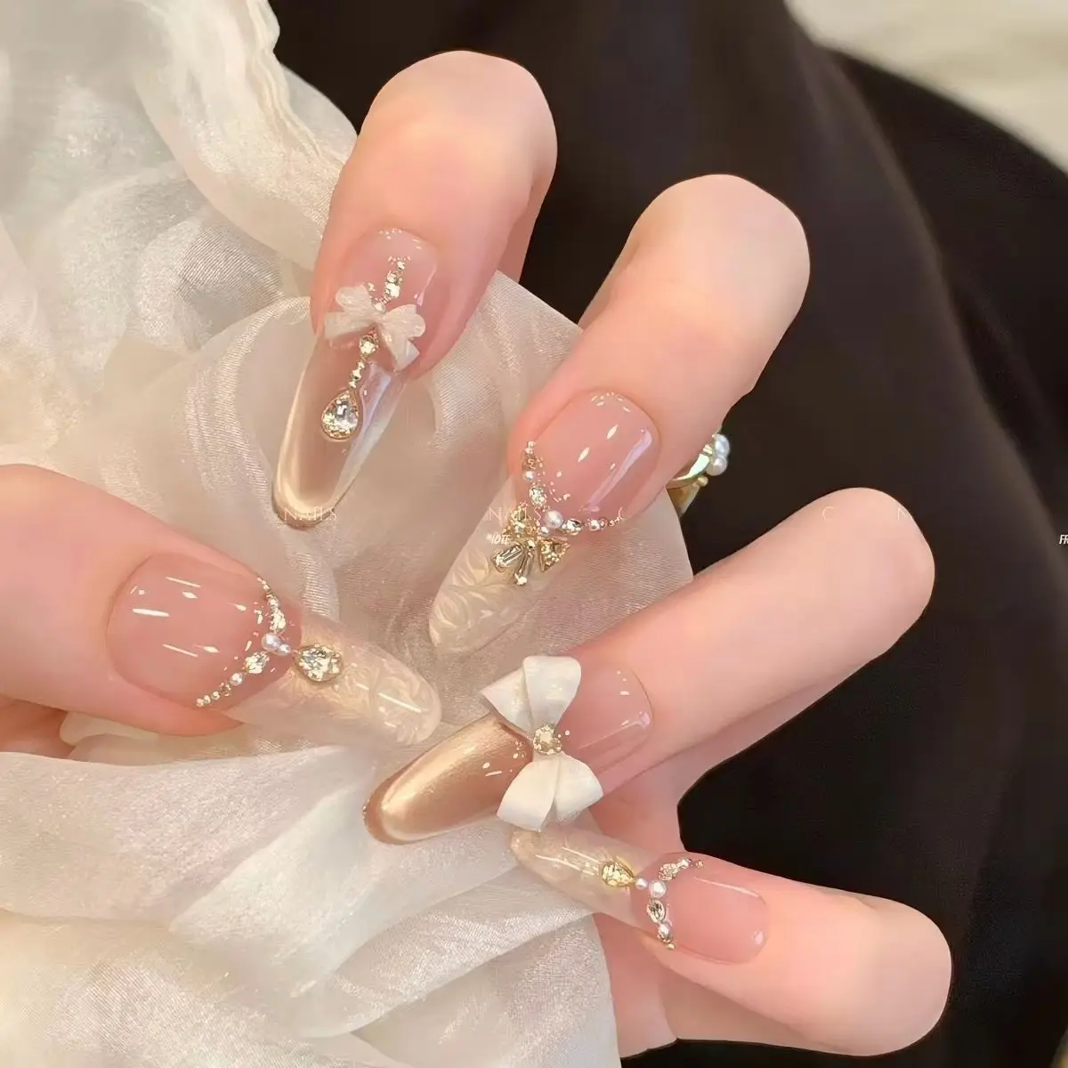 Nude Pink French Press On Nails, Mixed Almond & Short Fake Nails with 3D Bow & Rhinestones, Gold Shimmer Glue On Nails, Luxury False Nails for Brides
Nude Pink French Press On Nails, Mixed Almond & Short Fake Nails with 3D Bow & Rhinestones, Gold Shimmer Glue On Nails, Luxury False Nails for Brides