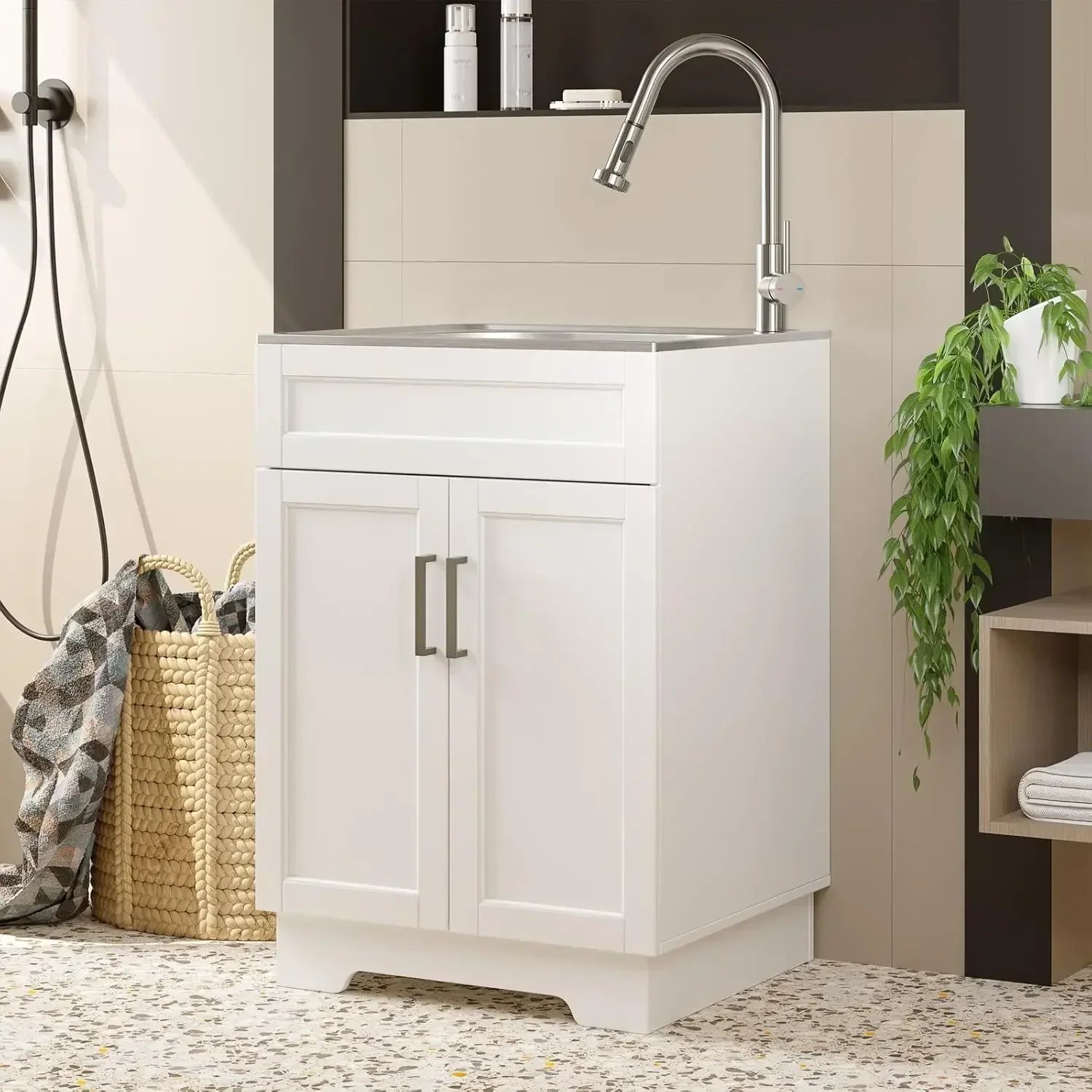 Laundry Sink Cabinet with Stainless Steel Sink and Pull-Down Faucet, 24 Inch Large Utility Sink Cabinet for Laundry/Utility Room
Laundry Sink Cabinet with Stainless Steel Sink and Pull-Down Faucet, 24 Inch Large Utility Sink Cabinet for Laundry/Utility Room