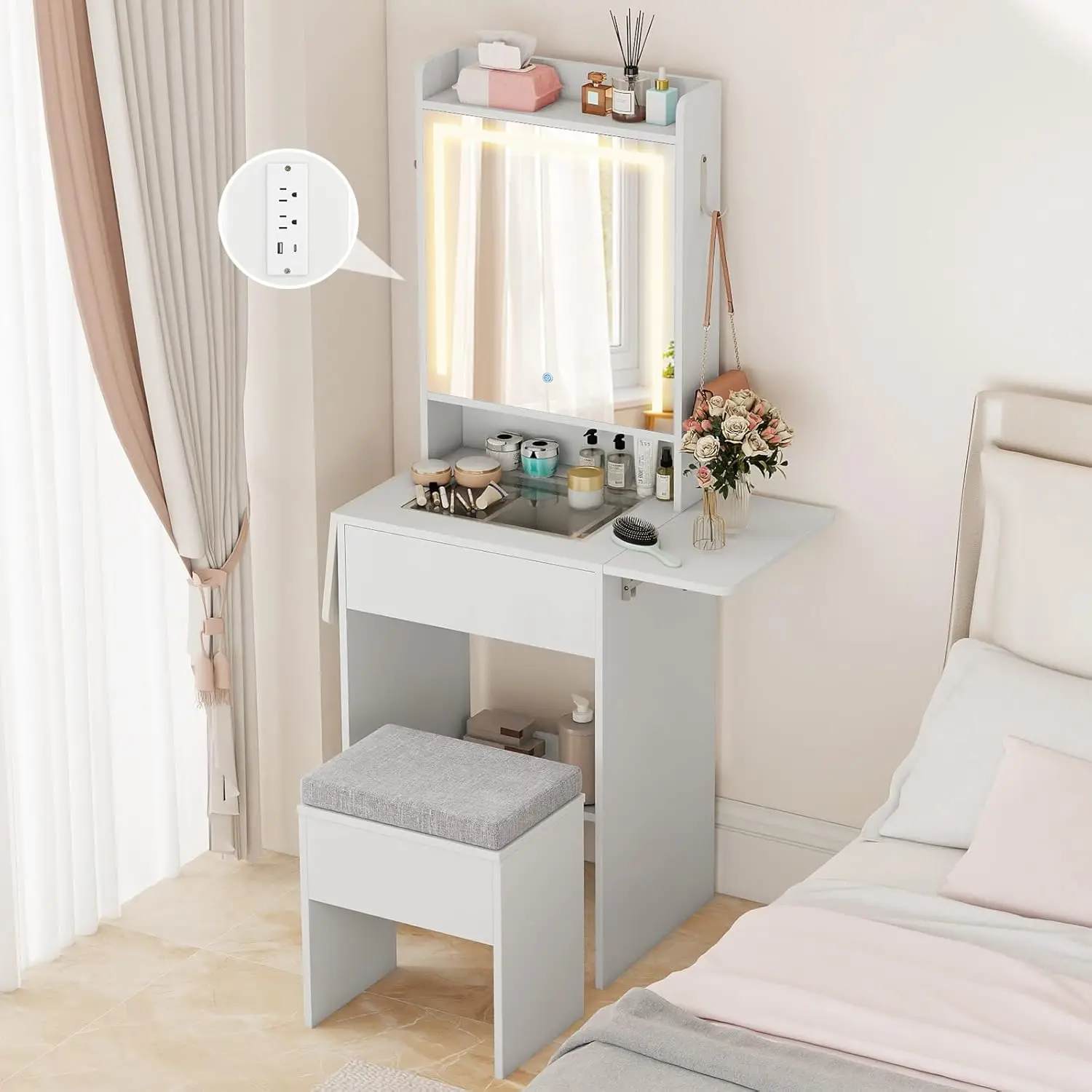 #Narrow Vanity Desk Mirror Lights Glass Top Drop Leaf Charging Station Hidden Storage Bedroom Dressing White
#Narrow Vanity Desk Mirror Lights Glass Top Drop Leaf Charging Station Hidden Storage Bedroom Dressing White