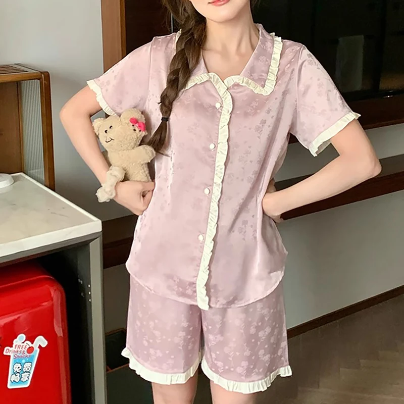 2 Piece Women Set Summer Short Sleeve Pajamas for Woman Silk Fashion Sleepwear Lotus leaf edge jacquard Sexy Satin Pajama Set
2 Piece Women Set Summer Short Sleeve Pajamas for Woman Silk Fashion Sleepwear Lotus leaf edge jacquard Sexy Satin Pajama Set