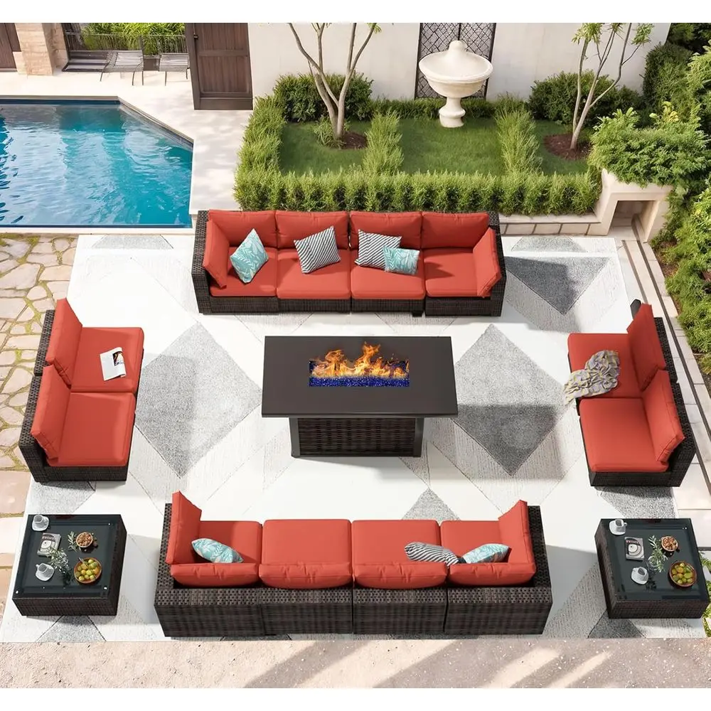 15-Piece Red PE Rattan Sectional Sofa Set with Gas Fire Pit Table and Cushions for Outdoor Spaces
15-Piece Red PE Rattan Sectional Sofa Set with Gas Fire Pit Table and Cushions for Outdoor Spaces
