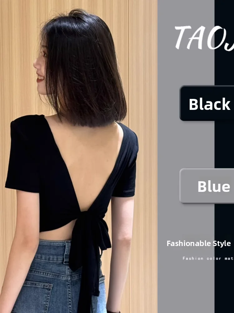 Sexy Short Sleeve T-Shirt Women's Summer High Waist Short Style Black Top Knot Back Strap Hot Girl Style Ins Fashion
Sexy Short Sleeve T-Shirt Women's Summer High Waist Short Style Black Top Knot Back Strap Hot Girl Style Ins Fashion