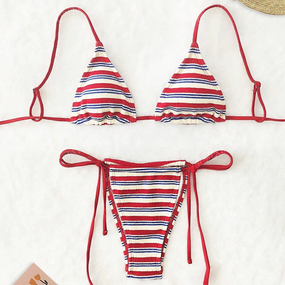Red White Striped Textured Women's Bikini Set Triangle Halter Top Tie Low Waisted Swimsuit Sexy Women's Summer Beach Swimwear
Red White Striped Textured Women's Bikini Set Triangle Halter Top Tie Low Waisted Swimsuit Sexy Women's Summer Beach Swimwear