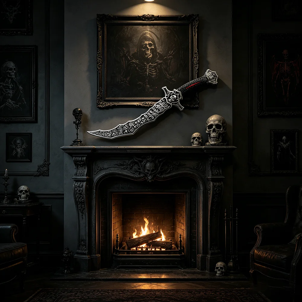 56cm Gothic Curved Sword Medieval Dark Aesthetic Skull Carved Decorative Arms Halloween Movie Cosplay Props
56cm Gothic Curved Sword Medieval Dark Aesthetic Skull Carved Decorative Arms Halloween Movie Cosplay Props