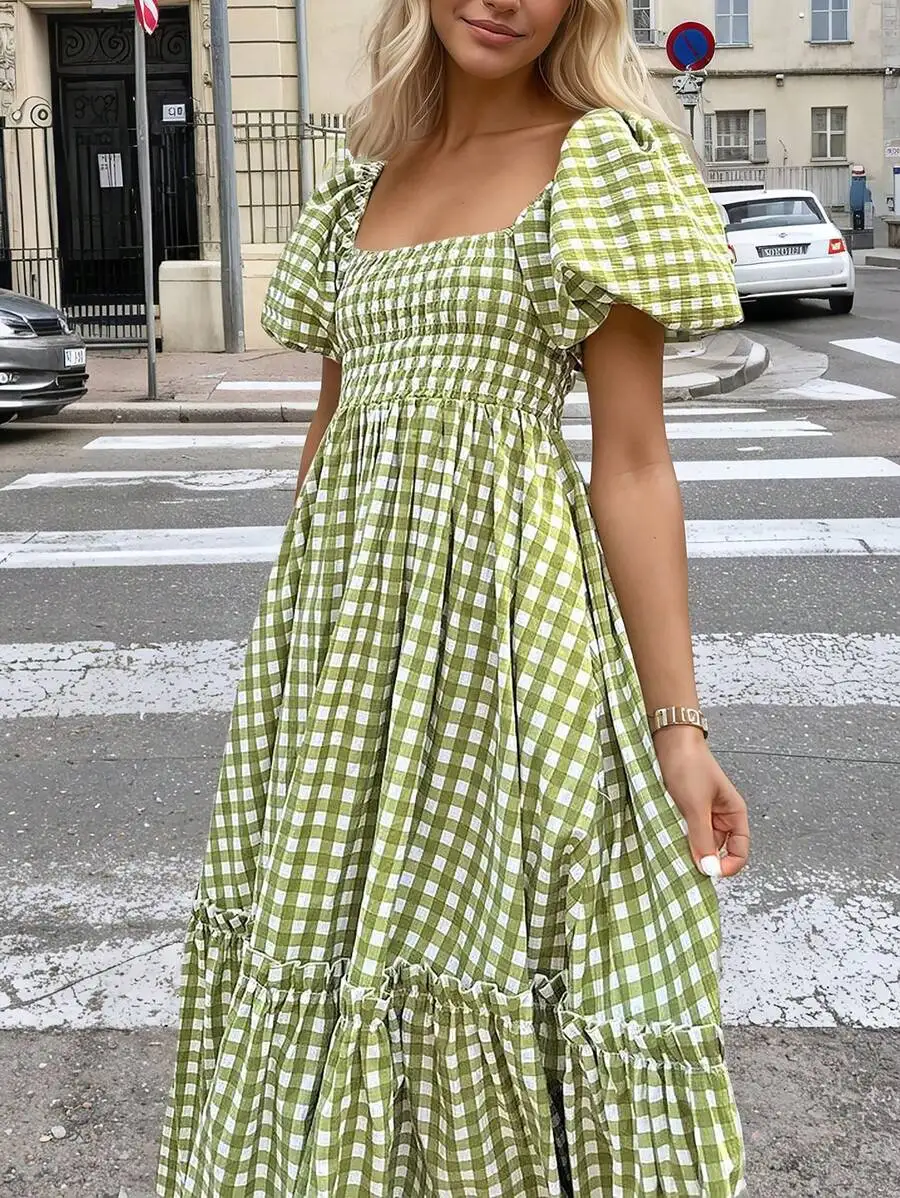Green Gingham Square Neck Smocked Waist Tiered Midi Dress With Puffed Sleeves
Green Gingham Square Neck Smocked Waist Tiered Midi Dress With Puffed Sleeves