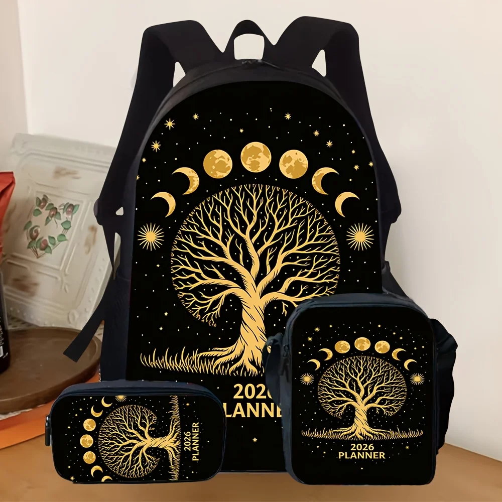 3pcs 2D Flat Printing Backpack Set with Golden Tree of Life And Moon Phases Printed Casual Set for School, Daily Travel, And Out
3pcs 2D Flat Printing Backpack Set with Golden Tree of Life And Moon Phases Printed Casual Set for School, Daily Travel, And Out