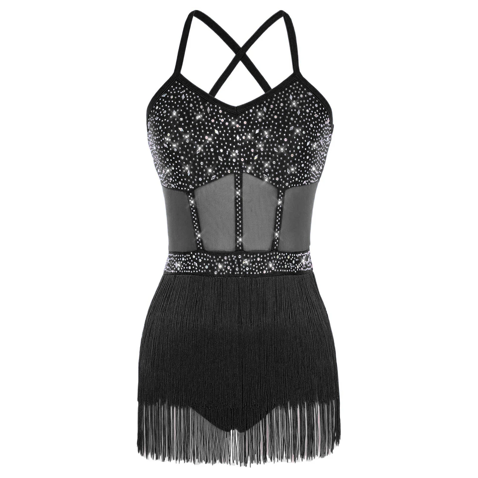 Womens Rhinestone Tango Latin Dance Leotard Dress Sheer Mesh Patchwork Tassel Fringe Latin Jazz Dance Bodysuit for Stage Show
Womens Rhinestone Tango Latin Dance Leotard Dress Sheer Mesh Patchwork Tassel Fringe Latin Jazz Dance Bodysuit for Stage Show