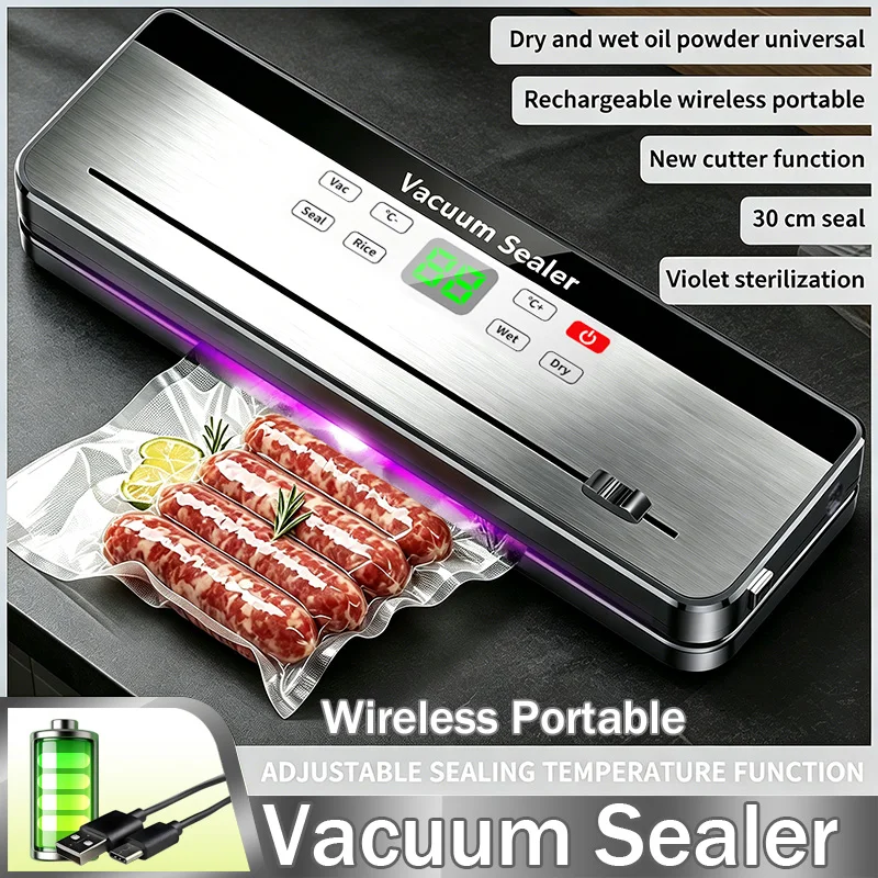 Wireless Type-C Rechargeable Vacuum Sealer Machine, Adjustable Sealing Temp with Built-in Cutter & UV Sterilization, Dry Wet Oil
Wireless Type-C Rechargeable Vacuum Sealer Machine, Adjustable Sealing Temp with Built-in Cutter & UV Sterilization, Dry Wet Oil