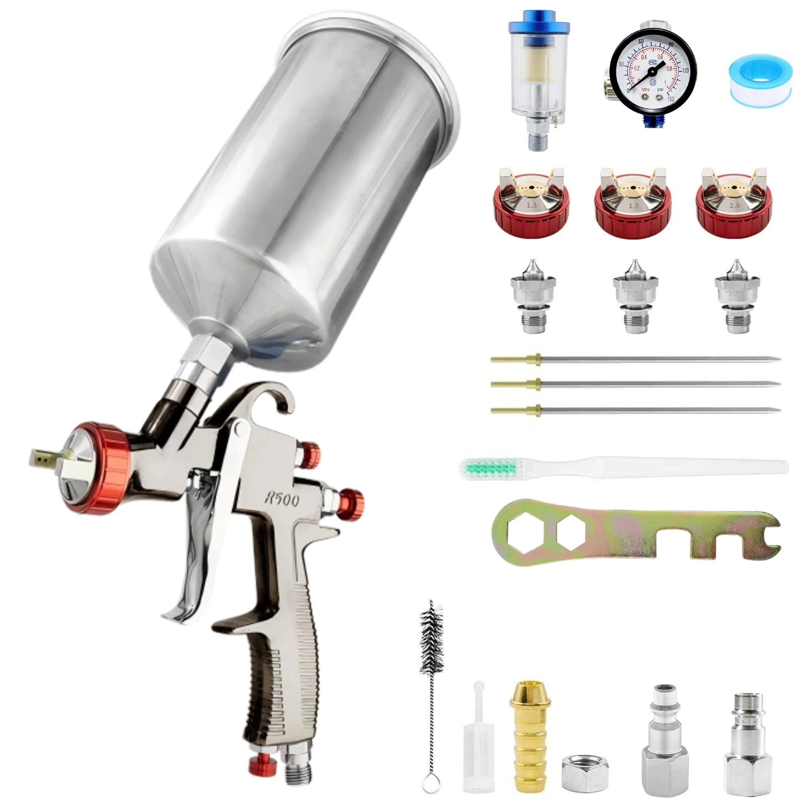 LVLP Spray Gun R500 with 1.3/1.7/2.0mm Nozzles and Air Pressure Regulator Gauge Gravity Feed Paint Gun Sprayer for Home & Cars
LVLP Spray Gun R500 with 1.3/1.7/2.0mm Nozzles and Air Pressure Regulator Gauge Gravity Feed Paint Gun Sprayer for Home & Cars