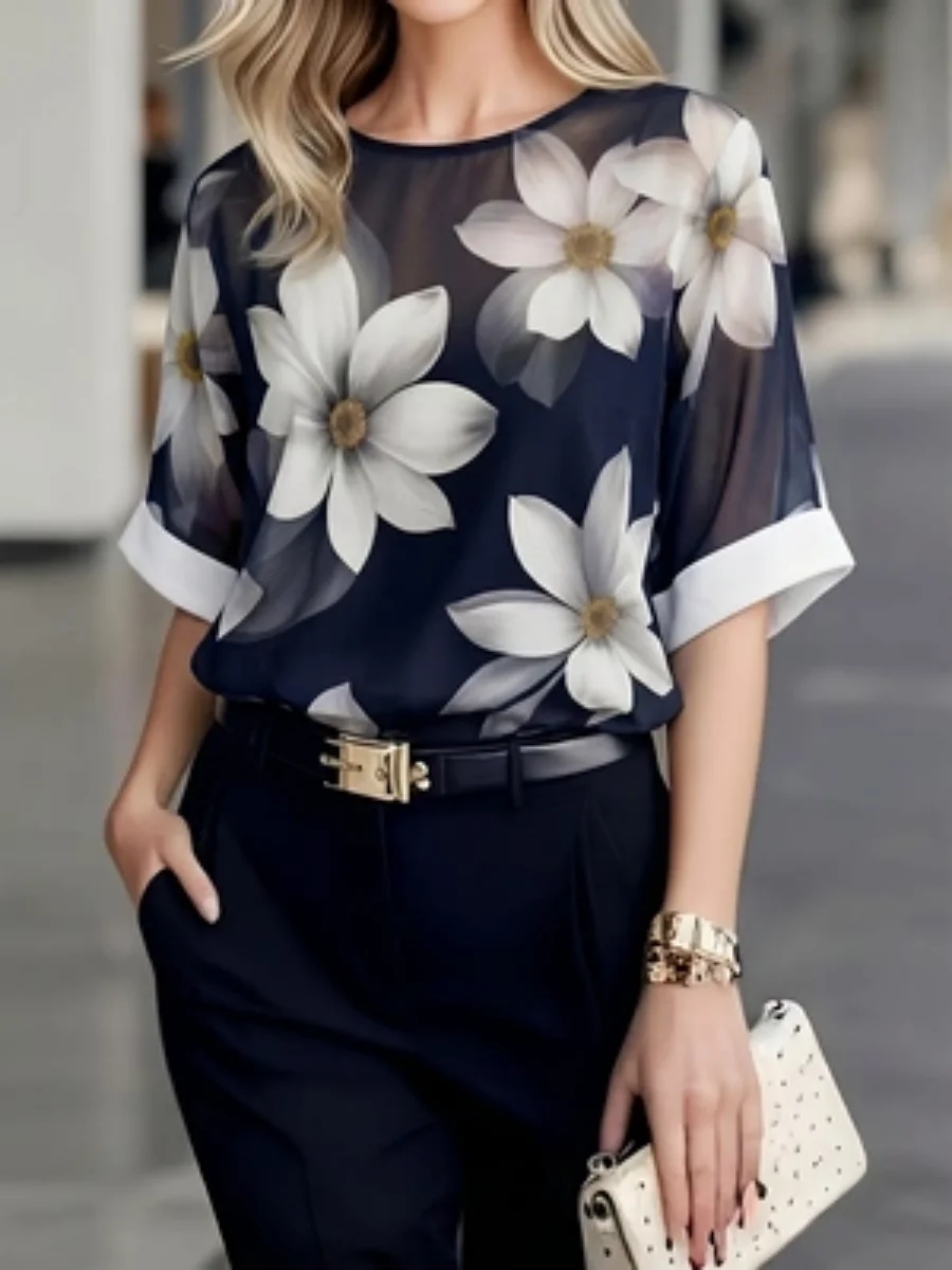 Ladies round neck printed breathable spring and summer new commuter daily short-sleeved shirt
Ladies round neck printed breathable spring and summer new commuter daily short-sleeved shirt