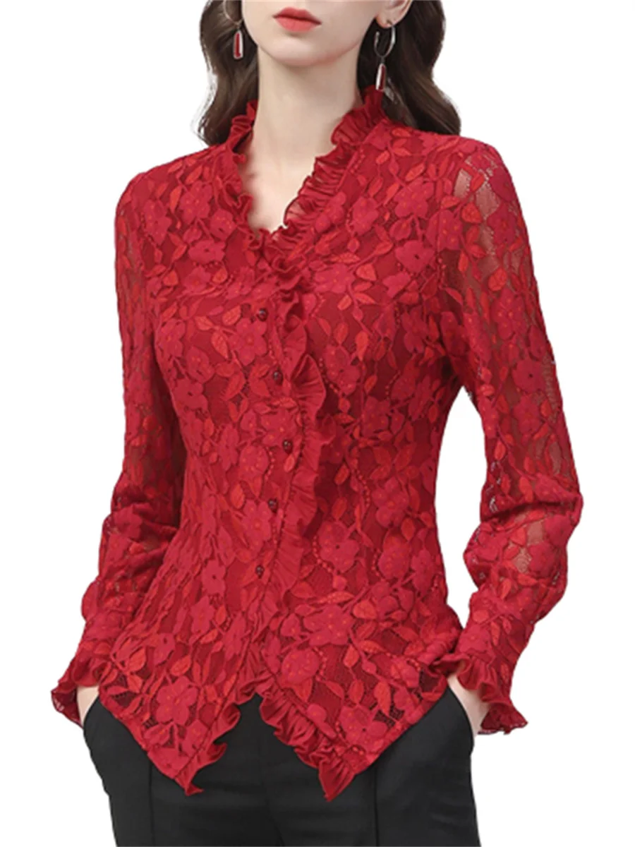 Women Spring Summer Style Blouses Tops Lady Fashion Long Sleeve V-Neck Button Sexy Lace Hollow Red Black Blouse Tops WY0246
Women Spring Summer Style Blouses Tops Lady Fashion Long Sleeve V-Neck Button Sexy Lace Hollow Red Black Blouse Tops WY0246