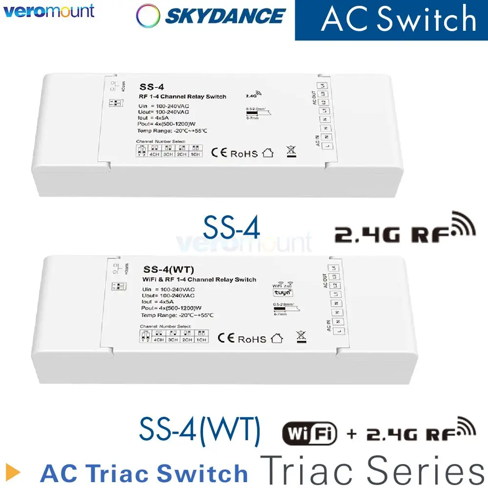 Skydance SS-4 WiFi or 2.4G RF 1-4 Channels AC Relay Switch 110-220V 4CH*5A High Voltage Single Color LED Light AC Triac Switch
Skydance SS-4 WiFi or 2.4G RF 1-4 Channels AC Relay Switch 110-220V 4CH*5A High Voltage Single Color LED Light AC Triac Switch