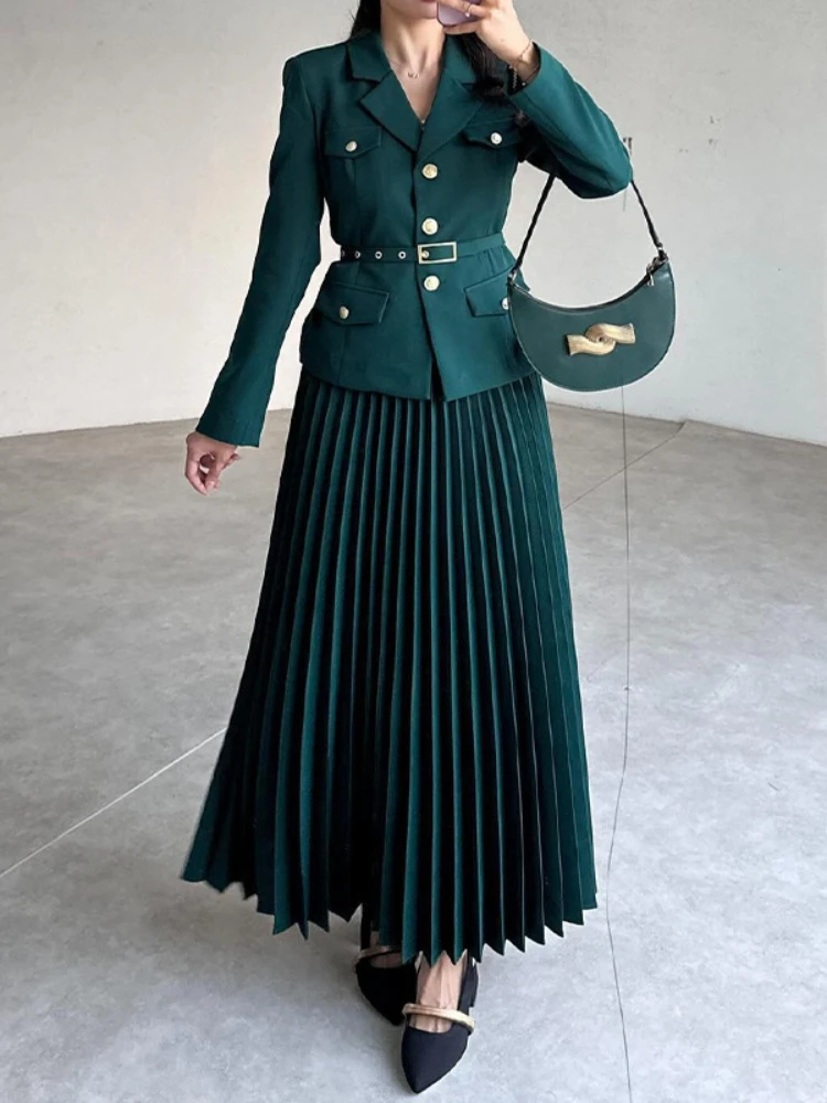 Spring Suit Coat Full Sleeve Blazer Maxi Pleated Skirt Belt Black Solid Color Two-piece Set Long Dresses Women's Two Piece Dress
Spring Suit Coat Full Sleeve Blazer Maxi Pleated Skirt Belt Black Solid Color Two-piece Set Long Dresses Women's Two Piece Dress