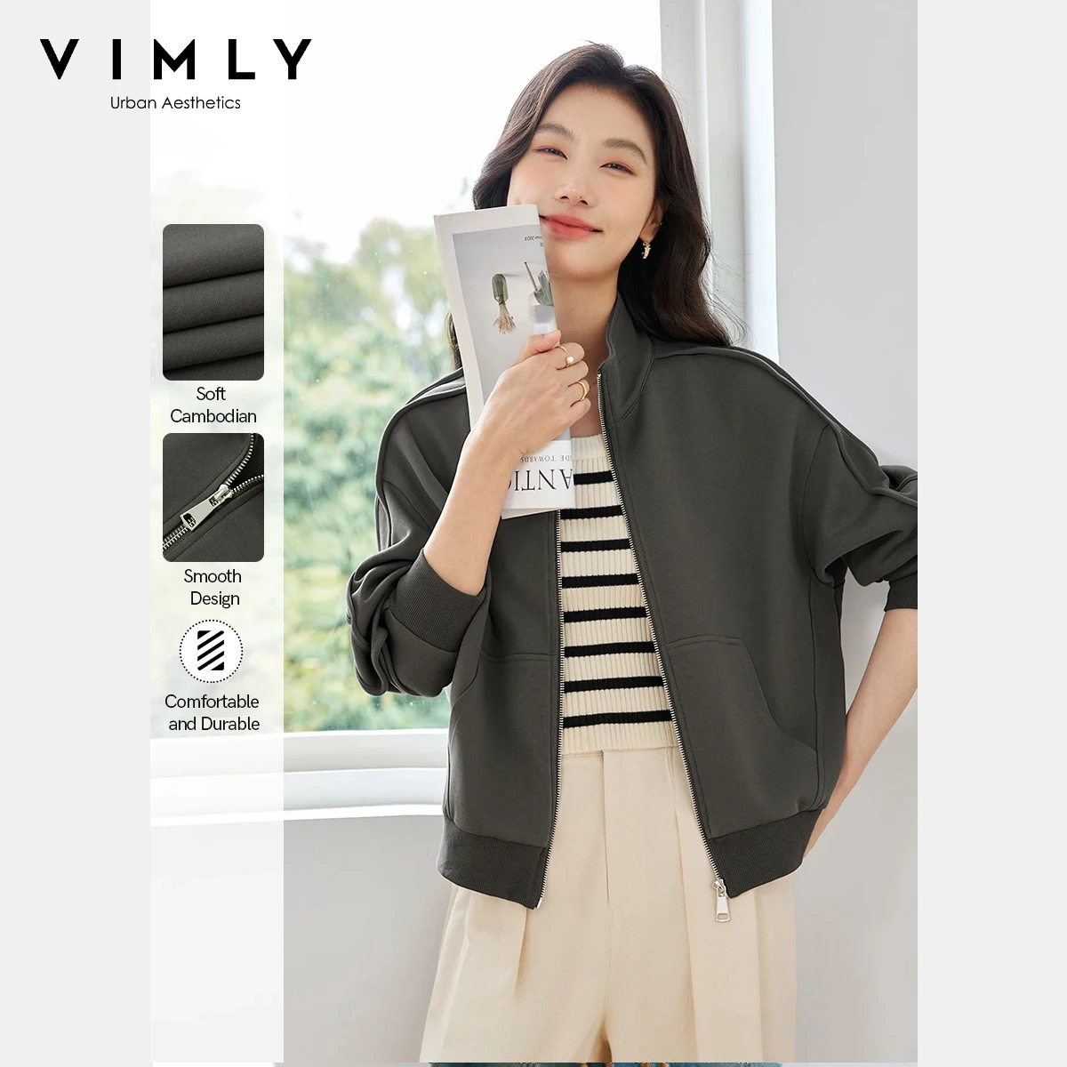 VIMLY Strand Collar Knitted Jackets Women 2025 Autumn Simple Sports Design Coats Solid Zipper Casual Loose Fit Outwear M8670
VIMLY Strand Collar Knitted Jackets Women 2025 Autumn Simple Sports Design Coats Solid Zipper Casual Loose Fit Outwear M8670