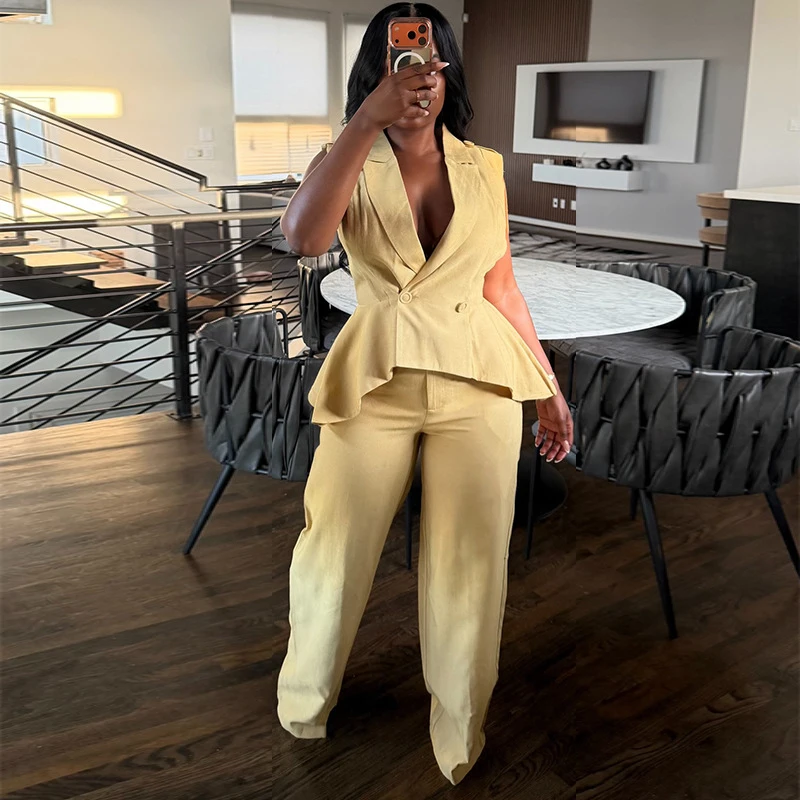 New Fashion Women Summer Two Piece Set Sleeveless Notched Collar Slim Waist Top And Pants Set
New Fashion Women Summer Two Piece Set Sleeveless Notched Collar Slim Waist Top And Pants Set
