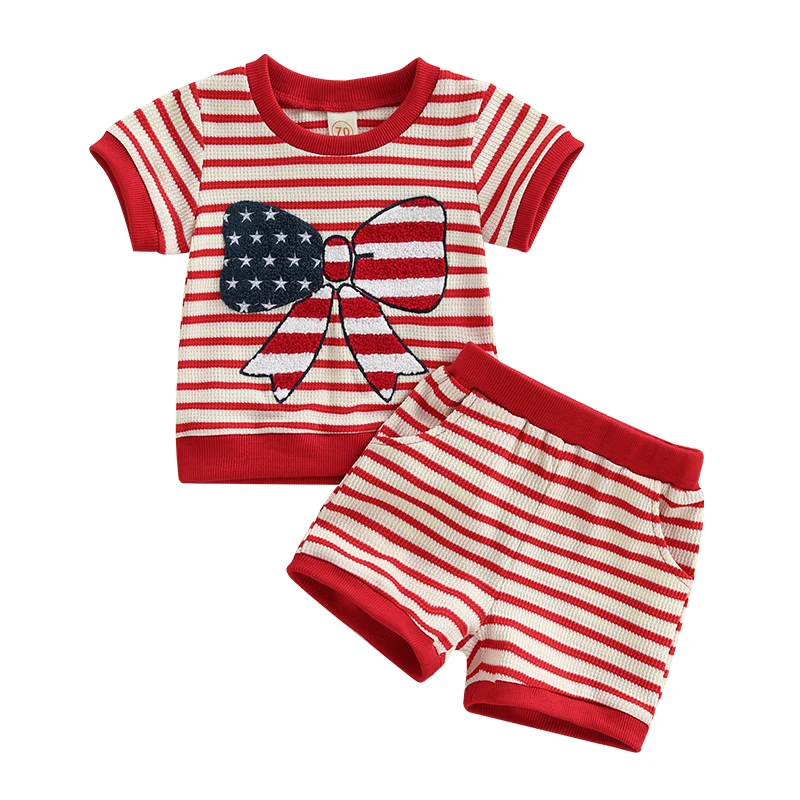 Toddler Girls Patriotic Outfit Striped Bow Print Short Sleeves T-Shirt and Elastic Shorts Set Cute 2 Piece Clothes
Toddler Girls Patriotic Outfit Striped Bow Print Short Sleeves T-Shirt and Elastic Shorts Set Cute 2 Piece Clothes