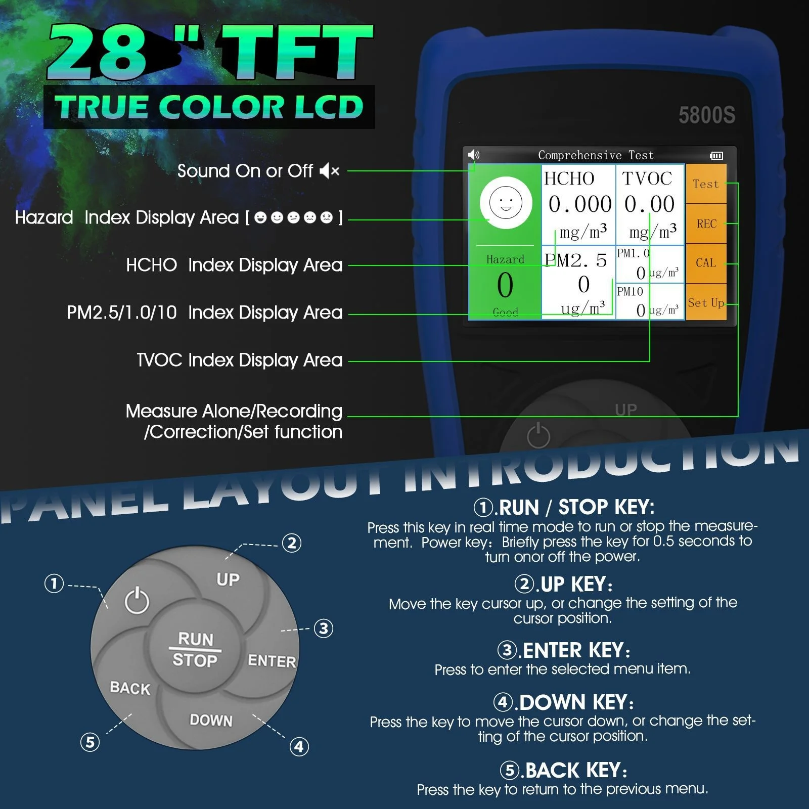 PM2.5 HCHO TVOC Air Quality Detector 2.8" TFT LCD Laser Sensor Electrochemical 2000mAh Rechargeable Data Recorder House HP-5800S
PM2.5 HCHO TVOC Air Quality Detector 2.8" TFT LCD Laser Sensor Electrochemical 2000mAh Rechargeable Data Recorder House HP-5800S