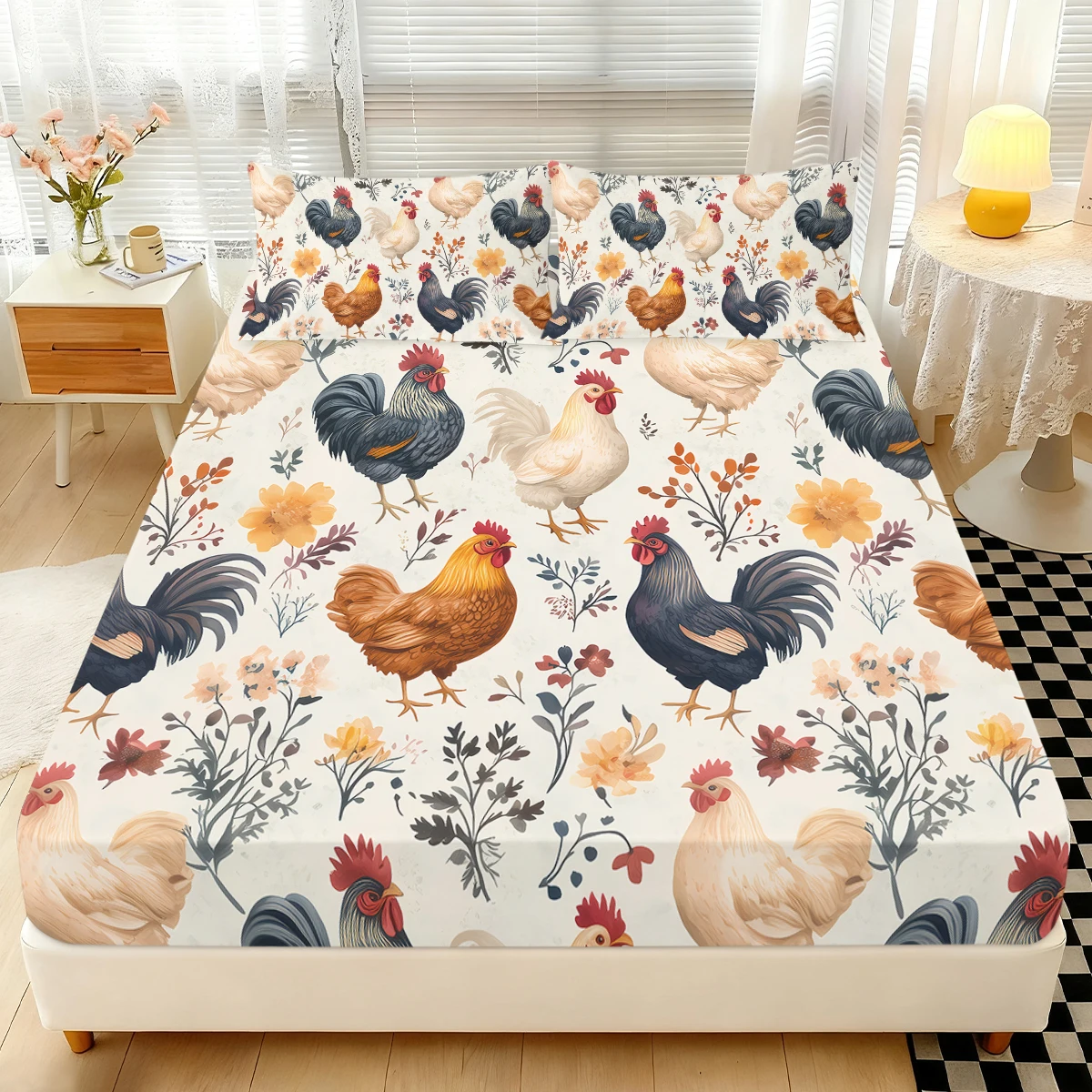 3-Piece Fitted Sheet Set, Colorful Roosters & Florals Vintage Farmhouse Bedding (1 Fitted Sheet + 2 Pillowcases)
3-Piece Fitted Sheet Set, Colorful Roosters & Florals Vintage Farmhouse Bedding (1 Fitted Sheet + 2 Pillowcases)