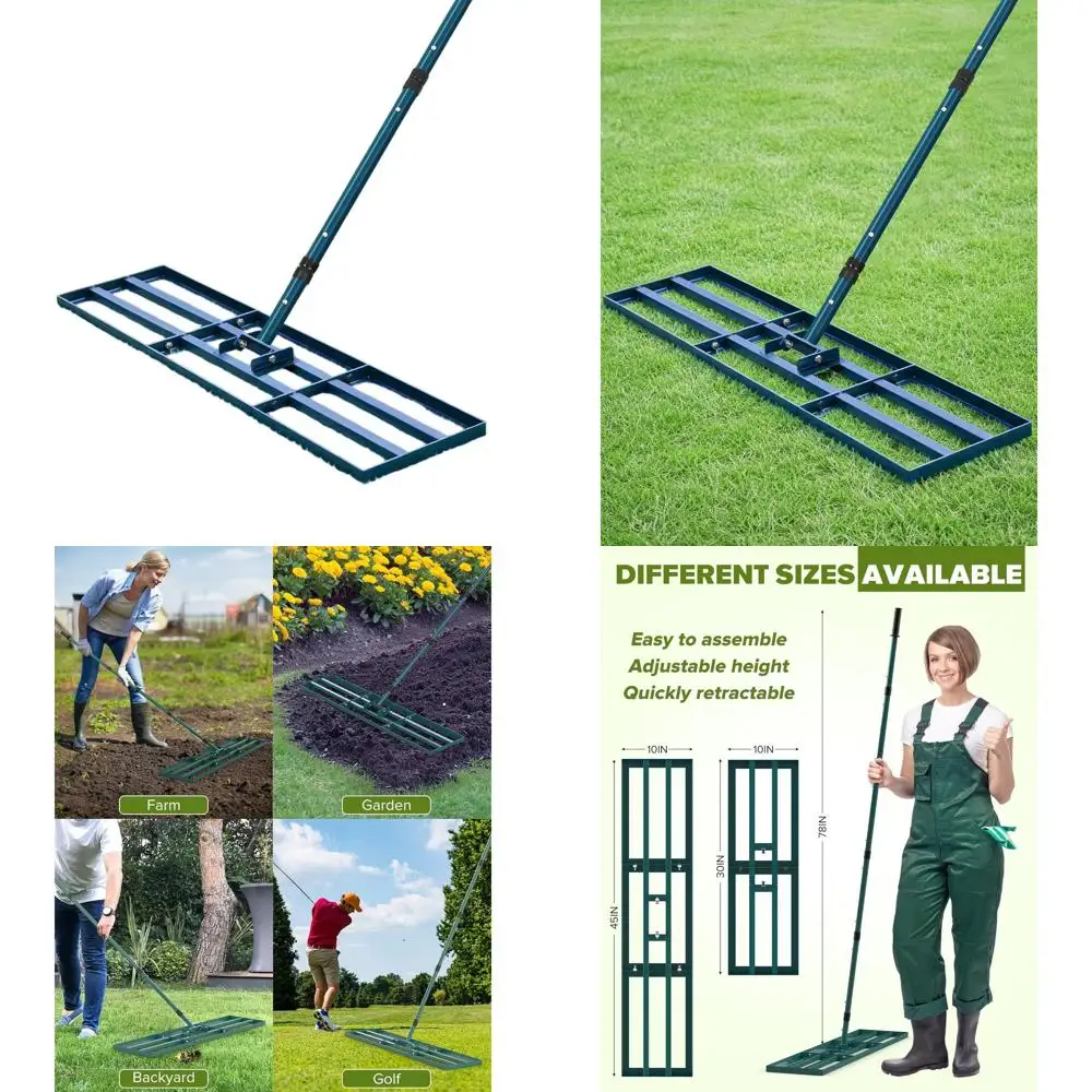 Adjustable 45x10 Inch Yard Rake for Soil Leveling, Ideal for Garden, Golf Course, and Pasture Maintenance
Adjustable 45x10 Inch Yard Rake for Soil Leveling, Ideal for Garden, Golf Course, and Pasture Maintenance