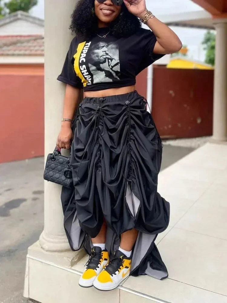 Casual Two Piece Set for Women Black Fold Ruched Vintage Drawstring High Waist Irregular Skirt Vintage Fashion Summer Skirts
Casual Two Piece Set for Women Black Fold Ruched Vintage Drawstring High Waist Irregular Skirt Vintage Fashion Summer Skirts