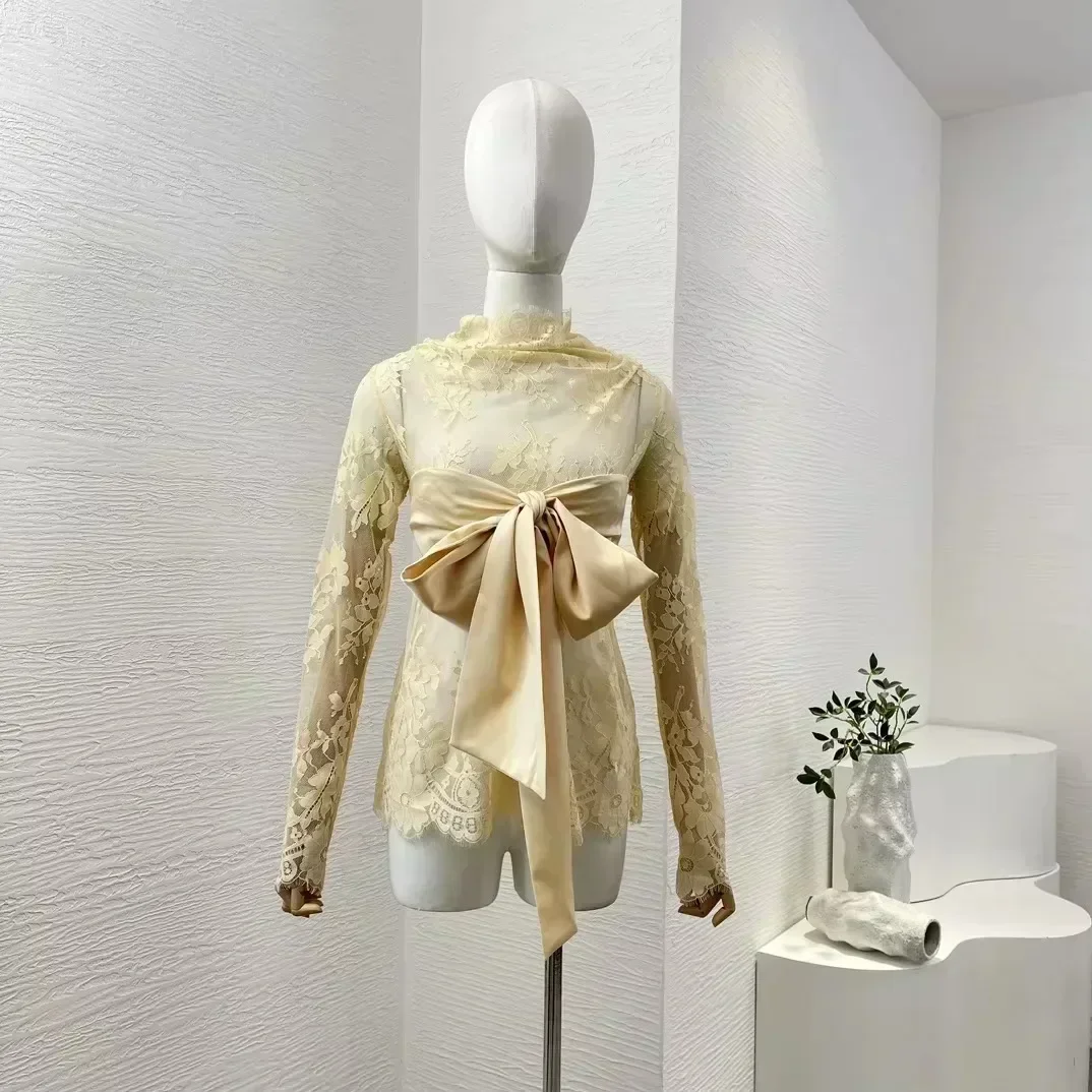 Beige 2024 New Vintage High Quality Silk Bow Lace Bodycon Full Sleeve Backless See-through Women Blouse Tops
Beige 2024 New Vintage High Quality Silk Bow Lace Bodycon Full Sleeve Backless See-through Women Blouse Tops