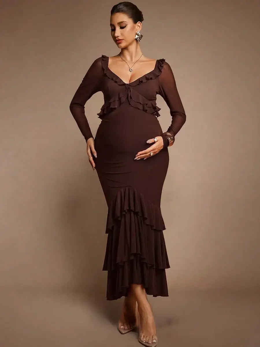 Elegant Maternity Evening Dress Solid Color Ruffle Hem Fishtail Brown Long Dress
Elegant Maternity Evening Dress Solid Color Ruffle Hem Fishtail Brown Long Dress