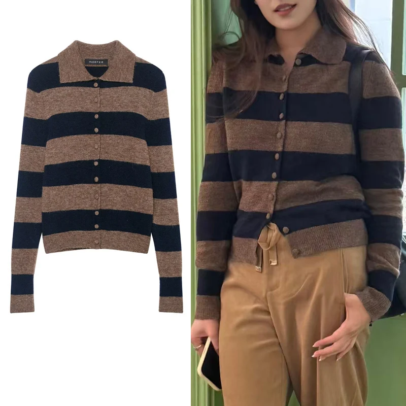 Women's Knit Sweaters Brown Striped Knitwears Cardigan Turn Down Collar Sweater 2026 Elegant Female Long Sleeve Button Up Tops
Women's Knit Sweaters Brown Striped Knitwears Cardigan Turn Down Collar Sweater 2026 Elegant Female Long Sleeve Button Up Tops