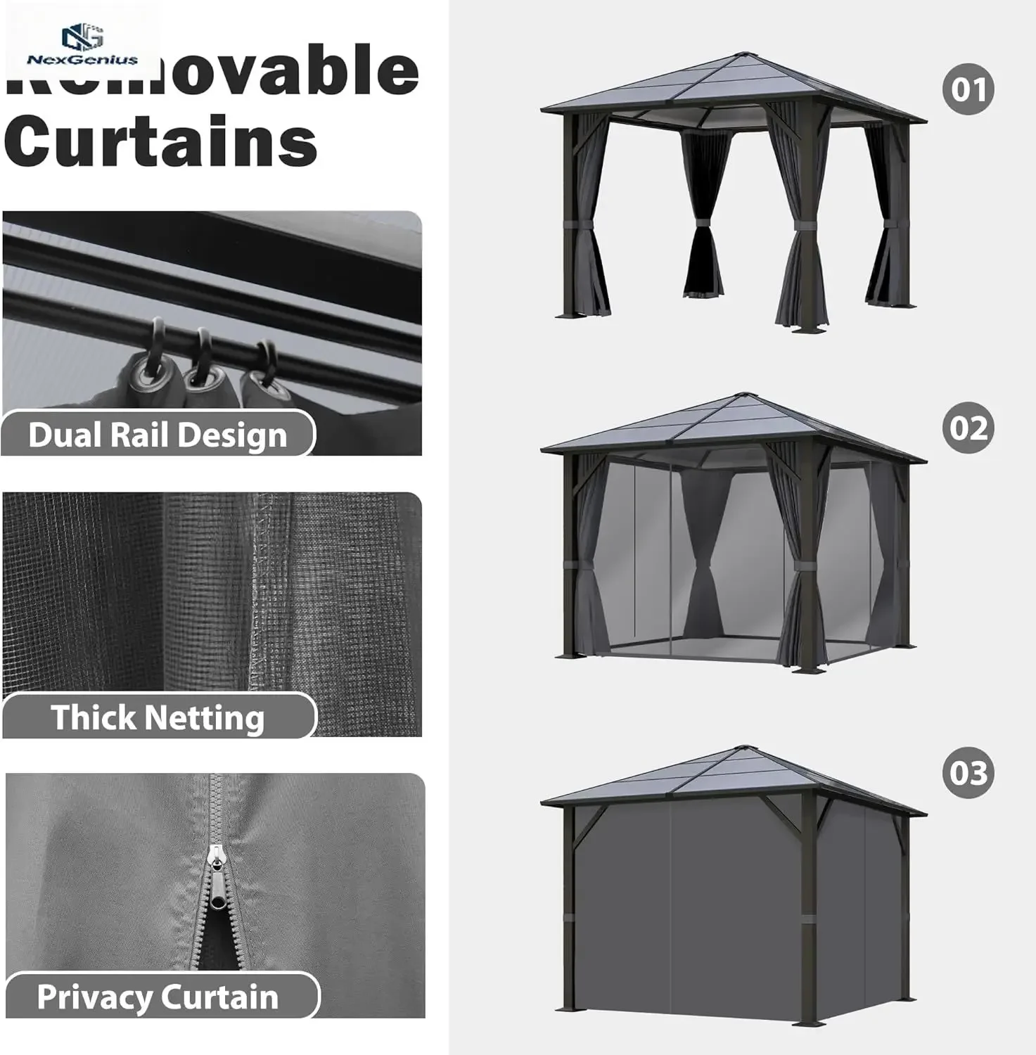 10x10FT Gazebo Hardtop, Outdoor Patio Gazebos with Polycarbonate Roof & Steel Frame, Outdoor Pavilion with Gray Curtain&Netting
10x10FT Gazebo Hardtop, Outdoor Patio Gazebos with Polycarbonate Roof & Steel Frame, Outdoor Pavilion with Gray Curtain&Netting