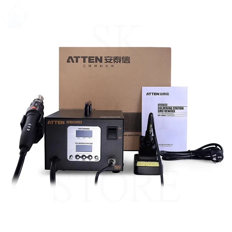 ATTEN AT8502D 220V/110V 2in1 SMD Rework Hot Air Gun + Soldering Station Iron Lead-Free Advanced Hot Air Soldering Station
ATTEN AT8502D 220V/110V 2in1 SMD Rework Hot Air Gun + Soldering Station Iron Lead-Free Advanced Hot Air Soldering Station