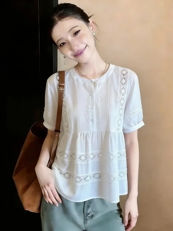 Ethnic Style Hollow out Shoulder Short Sleeve Women's Shirt Summer New plus Size Doll Top Comfortable Casual Korean Fashion
Ethnic Style Hollow out Shoulder Short Sleeve Women's Shirt Summer New plus Size Doll Top Comfortable Casual Korean Fashion