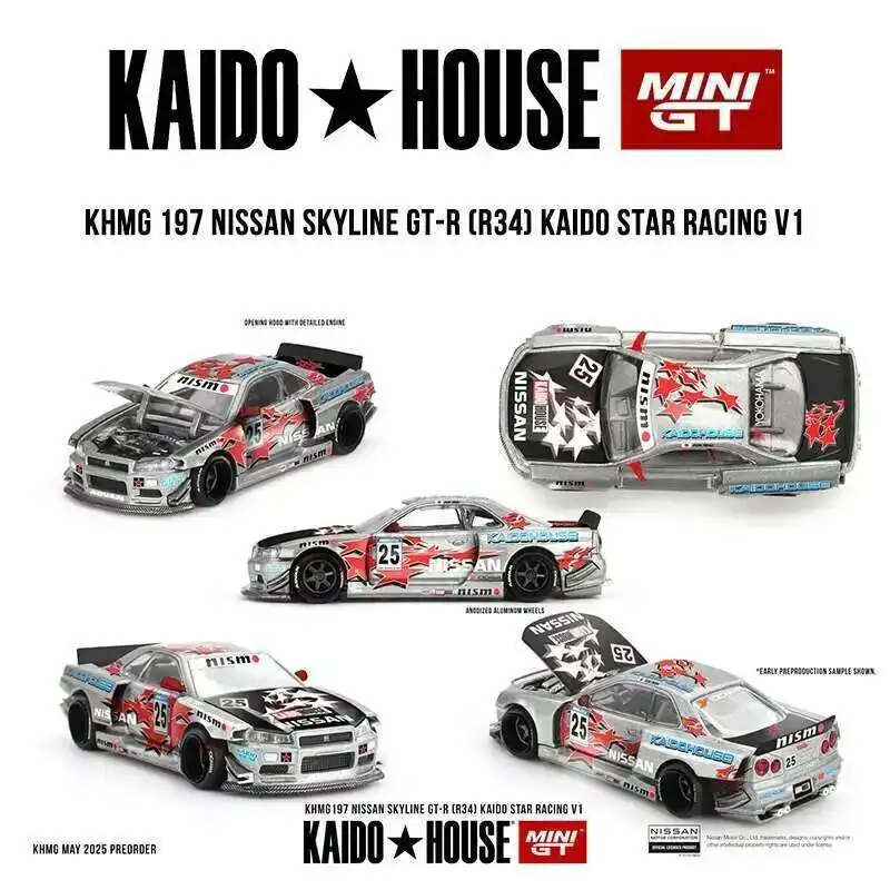 Предпродажа KHMG 197 1:64 Nissan Skyline GTR R34 Kaido Star Racing V1, открывающийся капот, литая под давлением модель автомобиля Kaido House MINIGT 
Предпродажа KHMG 197 1:64 Nissan Skyline GTR R34 Kaido Star Racing V1, открывающийся капот, литая под давлением модель автомобиля Kaido House MINIGT