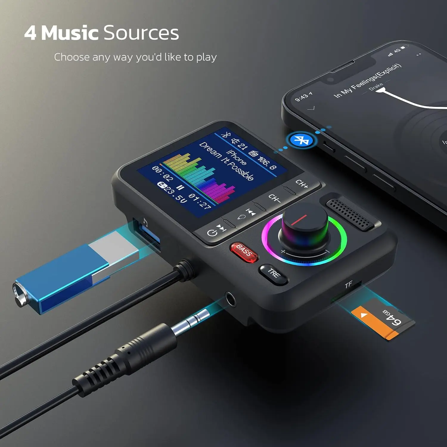 Multifunctional Wireless FM Transmitter with Big Color Screen 2.4A QC3.0 Dual USB Fast Charging Car AUX Adapter MP3 Music Player
Multifunctional Wireless FM Transmitter with Big Color Screen 2.4A QC3.0 Dual USB Fast Charging Car AUX Adapter MP3 Music Player