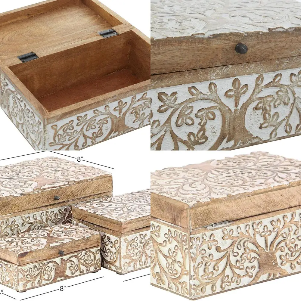 Set of 3 Mango Wood Decorative Boxes with Hinged Lid, 8, 10, 12W, Brown Floral Storage
Set of 3 Mango Wood Decorative Boxes with Hinged Lid, 8, 10, 12W, Brown Floral Storage