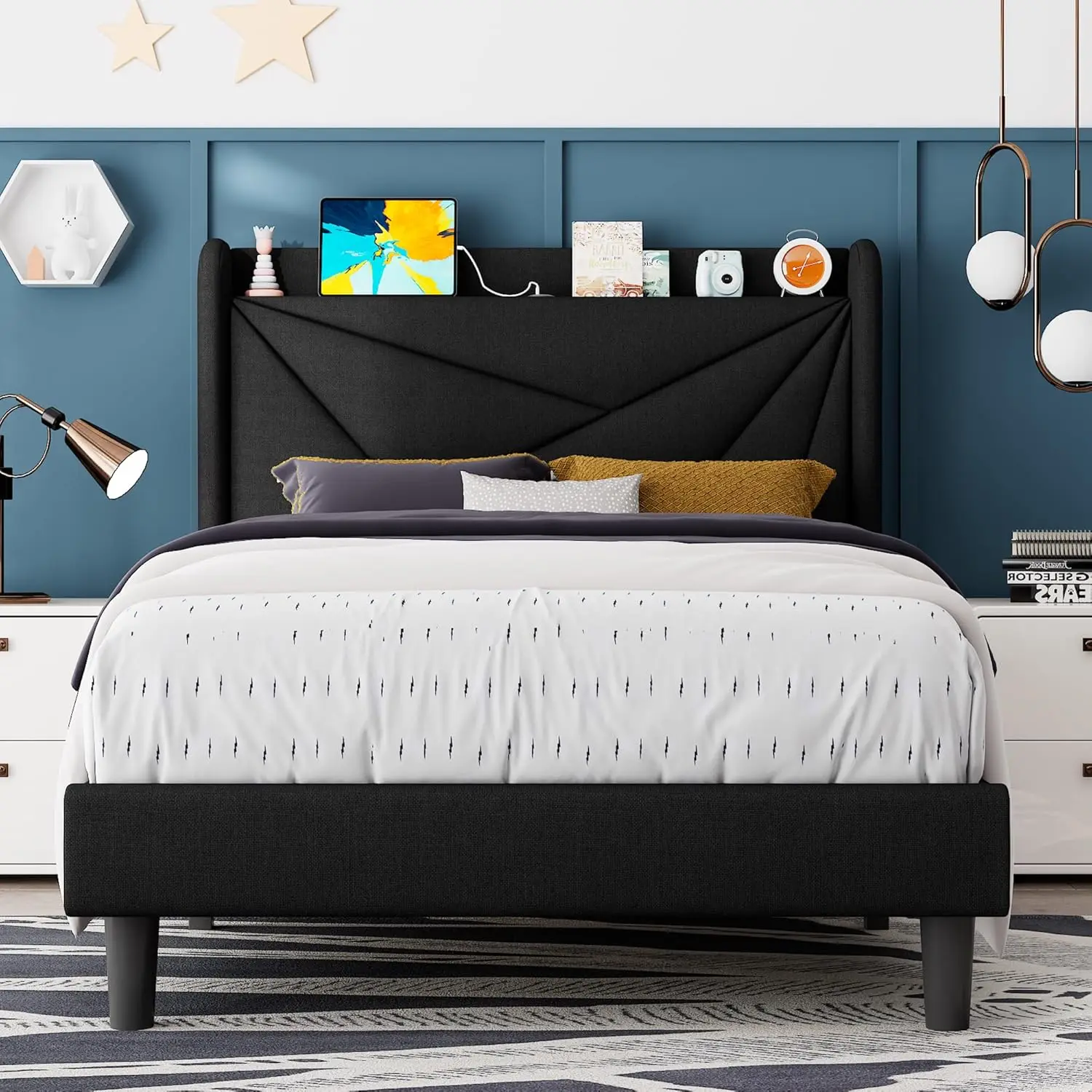 Twin Size Bed Frame with Charging Station, Upholstered Linen Bedframe with Wingback Headboard, Solid Wood Slats Support, No
Twin Size Bed Frame with Charging Station, Upholstered Linen Bedframe with Wingback Headboard, Solid Wood Slats Support, No
