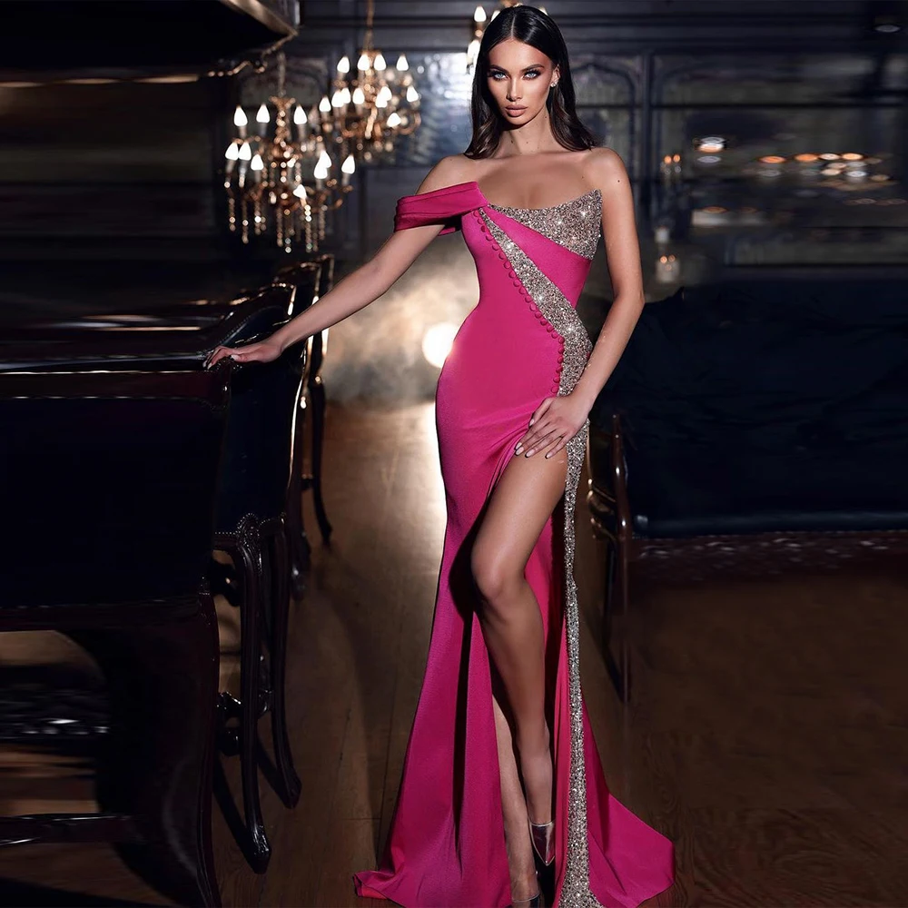 Fuchsia Beach Prom Dress Asymmetrical Floor Length High Slit Glitter Bead Sequin Evening Party Gown Formal Celebrity Vestidos
Fuchsia Beach Prom Dress Asymmetrical Floor Length High Slit Glitter Bead Sequin Evening Party Gown Formal Celebrity Vestidos