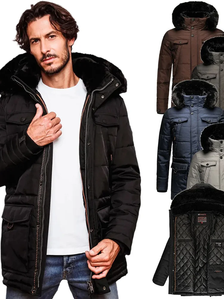 Thiened, тяжелая зимняя парка для мужчин, съемный меховой воротник, молодежная модная куртка-стойка, длинное све, теплое полиэфирное волокно
Thiened, тяжелая зимняя парка для мужчин, съемный меховой воротник, молодежная модная куртка-стойка, длинное све, теплое полиэфирное волокно