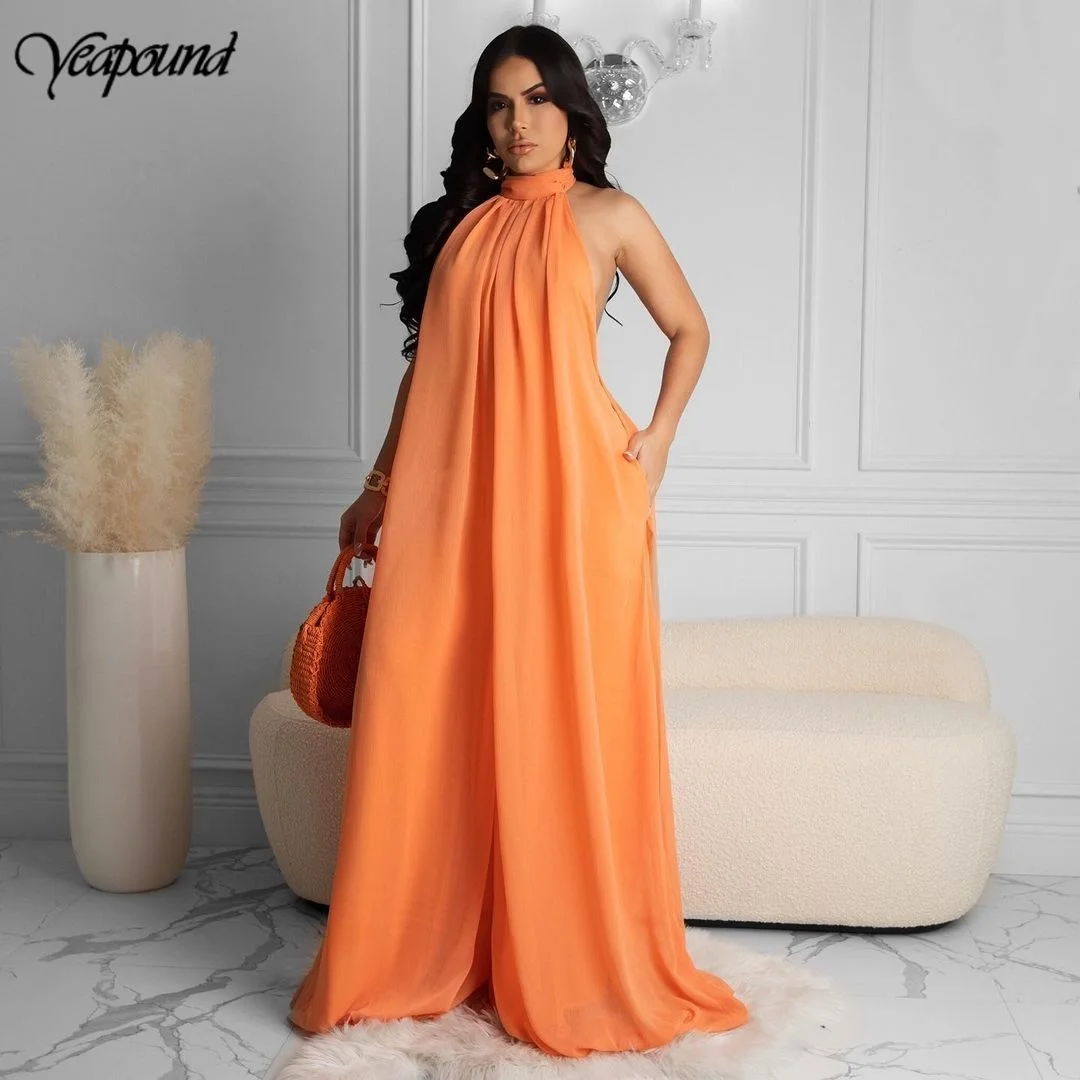 Elegant Holiday Chiffon Jumpsuits Halter Sleeveless High Waist Women Wide Leg Playsuit Open Back Pleated Rompers
Elegant Holiday Chiffon Jumpsuits Halter Sleeveless High Waist Women Wide Leg Playsuit Open Back Pleated Rompers
