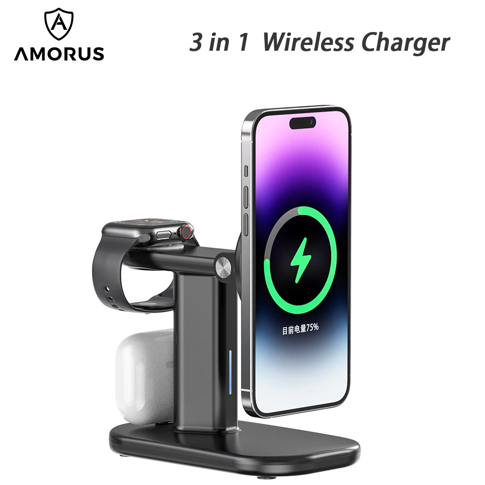 AMORUS 3-in-1 15W Magnetic Wireless Charger for Iphone APPLE Watch Airpods Headset Phone Desktop Charging Stand
AMORUS 3-in-1 15W Magnetic Wireless Charger for Iphone APPLE Watch Airpods Headset Phone Desktop Charging Stand