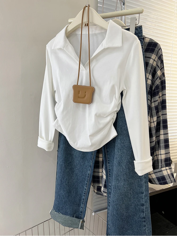 American Vintage Turn-down Collar Long Sleeve T-shirt Women Autumn Solid Color Irregular Short T-shirt Casual Slim Fit Tops
American Vintage Turn-down Collar Long Sleeve T-shirt Women Autumn Solid Color Irregular Short T-shirt Casual Slim Fit Tops