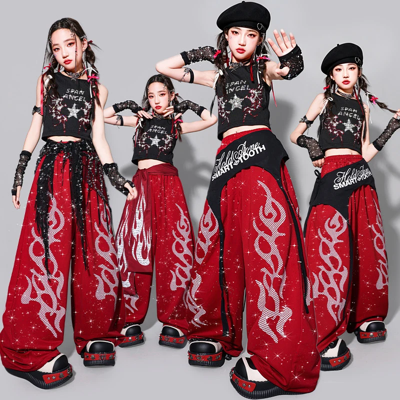 Summer Jazz Dance Costume Girl Kpop Performance Clothing Black Vest Red Hip Hop Pants Kid Street Dance Clothes Streetwear 3880
Summer Jazz Dance Costume Girl Kpop Performance Clothing Black Vest Red Hip Hop Pants Kid Street Dance Clothes Streetwear 3880