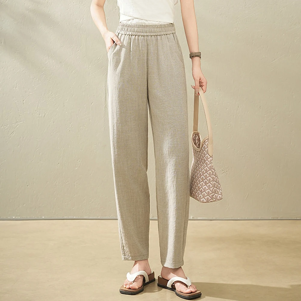 European khaki straight leg pants for women's summer new high-end fashion plus size elastic waist linen loose casual pants
European khaki straight leg pants for women's summer new high-end fashion plus size elastic waist linen loose casual pants