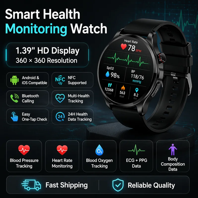 ECG 2026 New 1.39" AMOLED Screen Health Smart Watch with Bluetooth Call IP67 Waterproof Heart Rate Health Monitoring Smartwatch
ECG 2026 New 1.39" AMOLED Screen Health Smart Watch with Bluetooth Call IP67 Waterproof Heart Rate Health Monitoring Smartwatch
