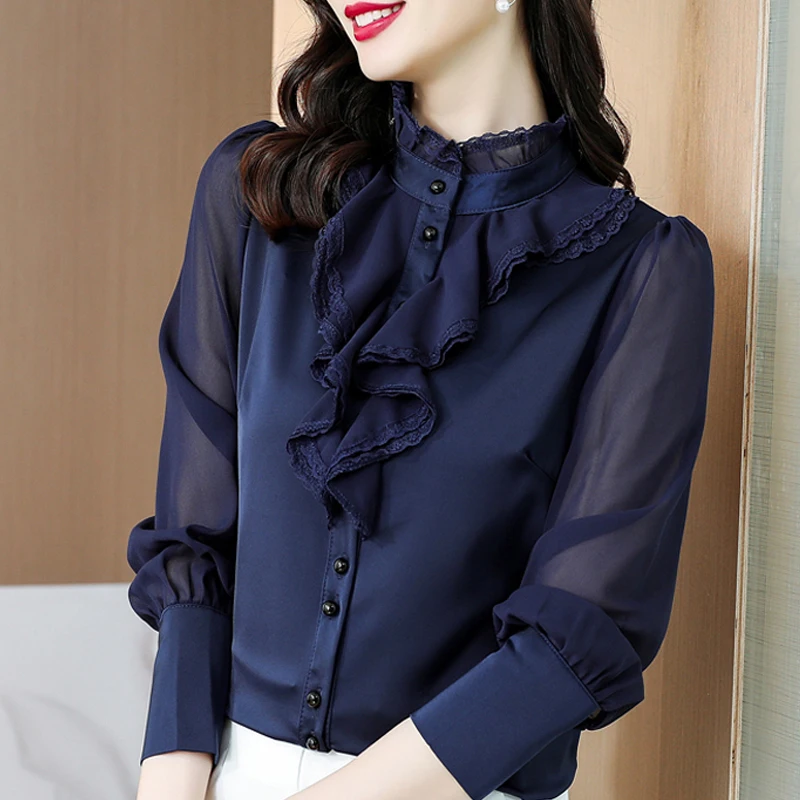 Elegant Lace Chiffon Women Blouse 2023 OL Youth Women Shirts Fashion Long Sleeve Top Dark Blue Button Female Clothing 20389
Elegant Lace Chiffon Women Blouse 2023 OL Youth Women Shirts Fashion Long Sleeve Top Dark Blue Button Female Clothing 20389