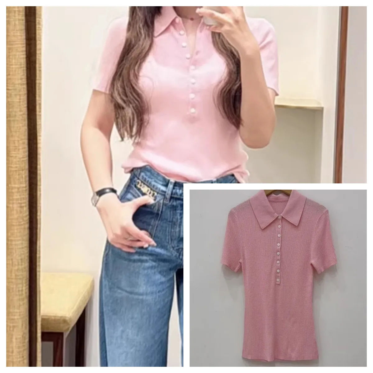 2026 Early Spring/summer Pink Polo Collar Button Decorative Short Sleeve Knitted T-Shirt
2026 Early Spring/summer Pink Polo Collar Button Decorative Short Sleeve Knitted T-Shirt